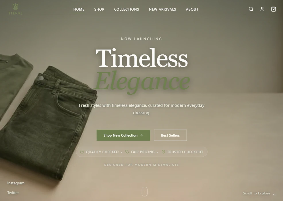 THAAJ fashion storefront with timeless elegance hero