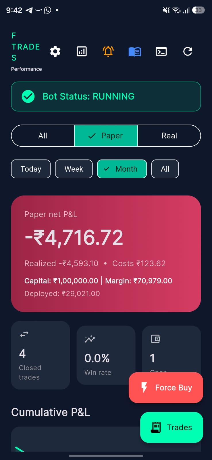 Flutter app showing the trading bot running in paper mode, with P&L, trade stats and manual controls
